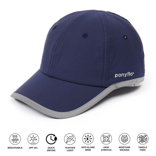 Ponyflo Performance Ponytail Running Hat for Women - High Ponytail Baseball Cap Navy