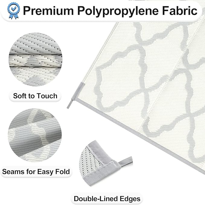 OutdoorLines Outdoor Plastic Area Rugs for Patio 4x6 ft - Reversible Outside Carpet, Stain & UV Resistant RV Mats, Straw Rug for Camping, Deck Garden, Porch and Balcony, Moroccan/Beige & Light Grey