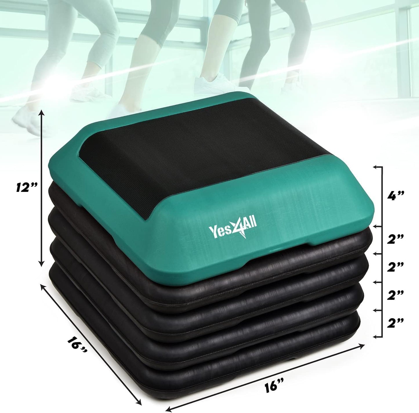 Yes4All 16"x16" Adjustable High Step Aerobic Platform with 4 Risers, Height-Adjustable 4"-6''-8''-10''-12" Step Aerobics Platform for Home Gym Exercise Fitness Workout