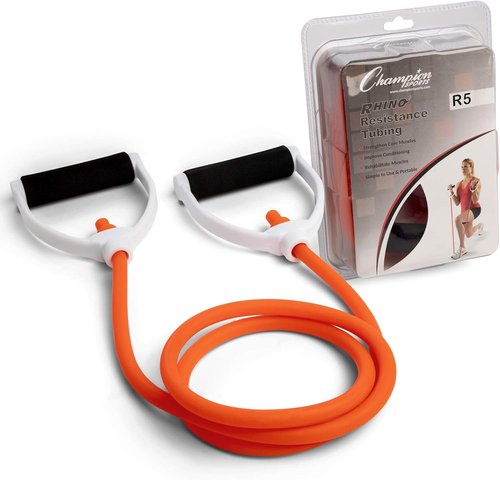 Champion Sports Resistance Tube Bands for Men and Women, Durable Stretch Fitness Band for Strength Training, Stretching, Rehabilitation- Premium Home Workout Equipment- 50 Lbs Resistance Tubing-Orange