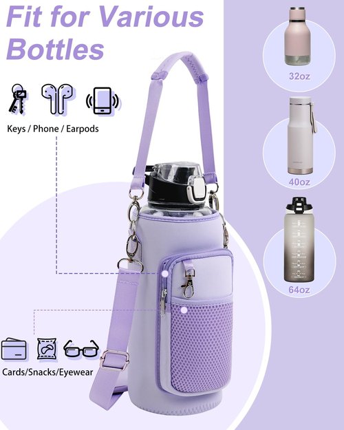 RHDZO Water Bottle Carrier Bag with Strap Insulated Water Bottle Holder with Phone Pocket and Handle 32oz 40oz 50oz Water Bottle Sleeve for Walking Hiking, Purple