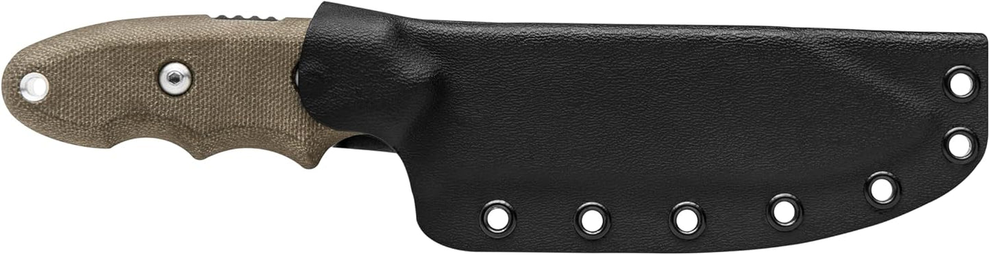 Tops Knives Backpackers Bowie Full Tang Fixed Blade- Tumble Finish-Black Kydex Sheath w/Rotating Spring Steel Clip (Green Canvas Micarta Handle)