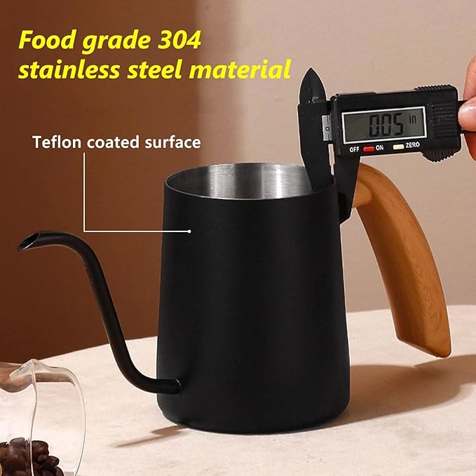 Pour Over Coffee Kettle Gooseneck Tea Pot 304 Stainless Steel Hand Coffee Maker Kettle-Barista Pour Control Design,Wood Handle and Long Narrow Spout Camping Kettle(Color:Black,Size:20oz)