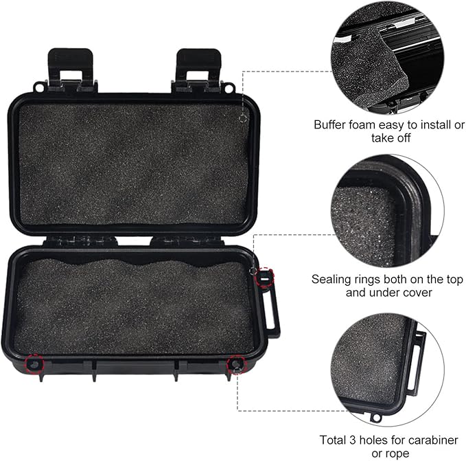 Dry Storage Box, Shockproof Waterproof Box Storage Case Waterproof Plastic Box Container with 2 U‑Shape Buckle, Plastic Storage Container for Cameras, Phones, Camping, Fishing, Hiking(Small-Black)