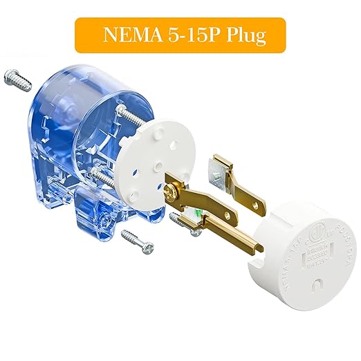 Transparent Blue ETL Verified Nema 5-15P 90 Degree Right Angle Plug - 3-Prong Household 15A 125V AC Plug