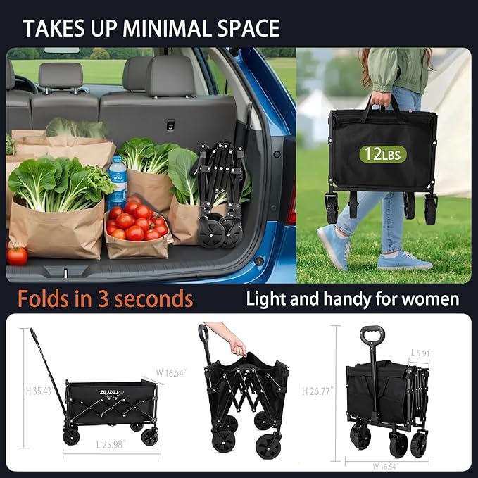 Collapsible Wagon with Wheels, 380LBS Heavy Duty Folding Utility Cart with Wheels for Shopping, Garden Work, Cargo Transport, Easy Storage and Maneuver