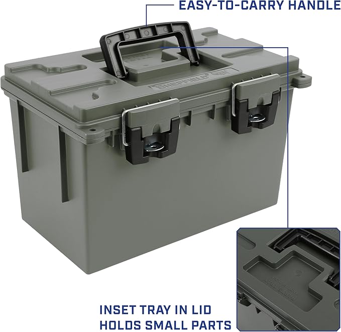 Sheffield 12774 2-Pack XL Ammo Storage Box, Stackable .50 Cal Field Boxes, Water and Dust Resistant, Lockable Storage Box with Handle, Heavy Duty Protection for Hunting Gear, Made in the USA, Green