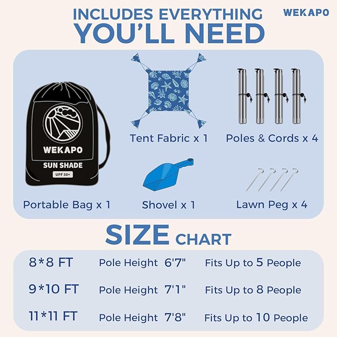 WEKAPO Beach Tent Sun Shelter - Easy Setup Beach Canopy with 4 Sturdy Poles, Large Sandbags and Shovel, 6'7'' Tall, Windproof Sun Shade for Backyard and Camping, UPF 50+ Protectio