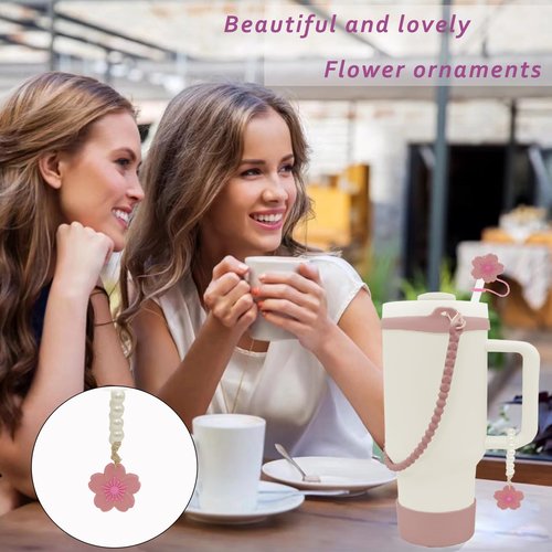 XIANGYUAN 6 Pcs Stanley Cup Accessories for Stanley Cup 40oz or 30oz,Includes Unique 10mm Flower Letter Straw Toppe,Water Bottle Handle Strap,Bottom Protector(Pink Flower)