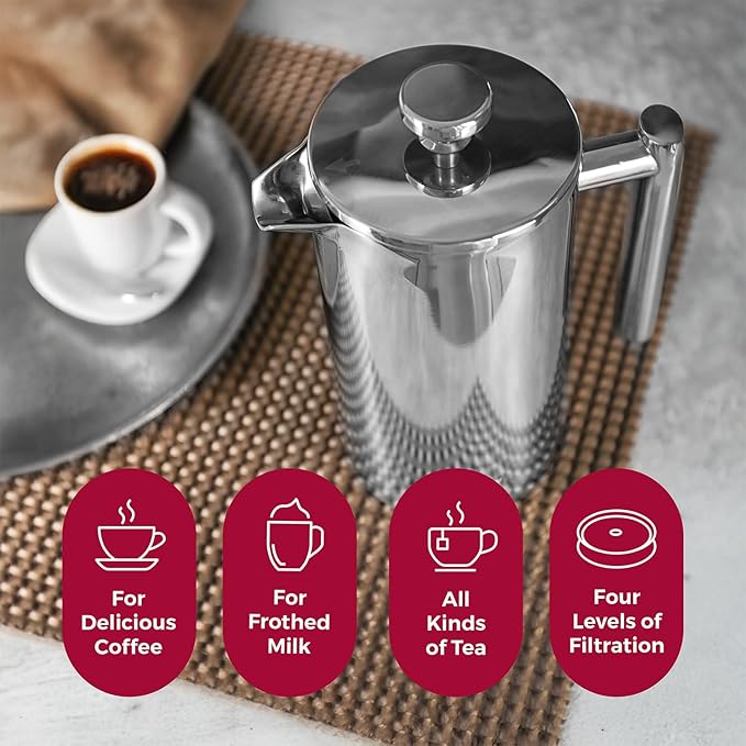 MuellerLiving French Press Coffee Maker 34oz, Stainless Steel French Press Coffee, 4 Filter Heat Resistant Double Insulated, Rust-Free, Food Grade, Dishwasher Safe Coffee Pot