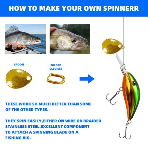 Spinner Blades for Lure Making, 200Pcs Easy Spin Colorado Willow Blades Kit, Spinner Bait Blade Spoons Gold Silver DIY Fishing Tackle Lures Accessories for Spinner Baits Walleye Rig Making,5 Styles