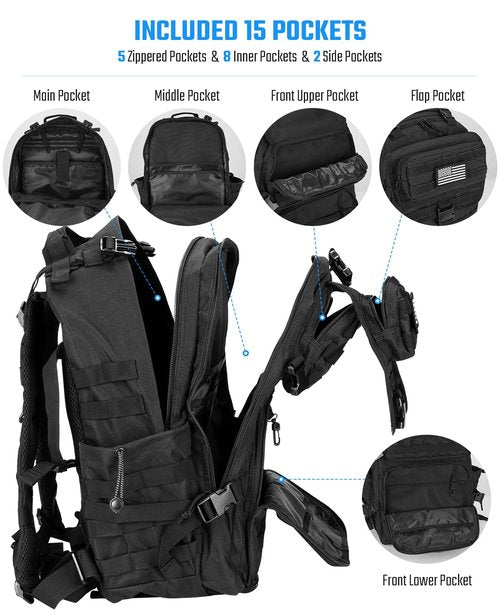EZshoot Tactical Backpack, 45L Heavy Duty Military Backpack for Men, Army Molle 3 Days Assault Pack Bug Out Bag, Large Military Gear Travel Hiking Camping Sports Rucksack with Bottle Holder, Black