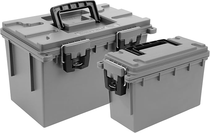 Sheffield 12755 2-Pack Combo Ammo Storage Boxes, .30 Cal and .50 Cal Field Boxes, Water and Dust Resistant, Lockable Storage Box with Handle for Hunting Gear and Bullets, Made in the USA, Gray