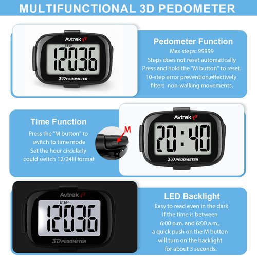 AVTREK 3D Pedometer Clip On-Step Counter for Walking-No App No Phone-LED Backlight-Accurate Step Tracker Clip for Women,Men,Senior(Green)