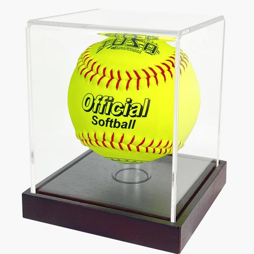 Softball Display Case with Wooden Base, 3mm Clear Acrylic Softball Holder Box, Dustproof Softball Case with Stand for Autographed Ball – 4x4x4.8 inch