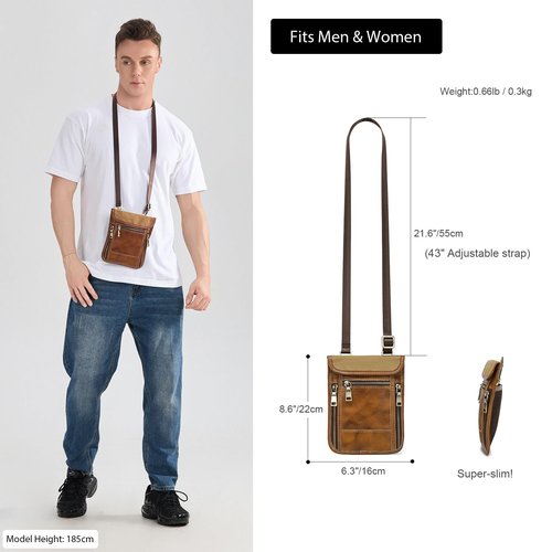 LANNSYNE Leather Sling Bag For Men Crossbody Chest Daypack fits 10.5" iPad,Leather Travel Wallet Neck Wallet Travel Pouch for Men and Women Keep Valuables Safe
