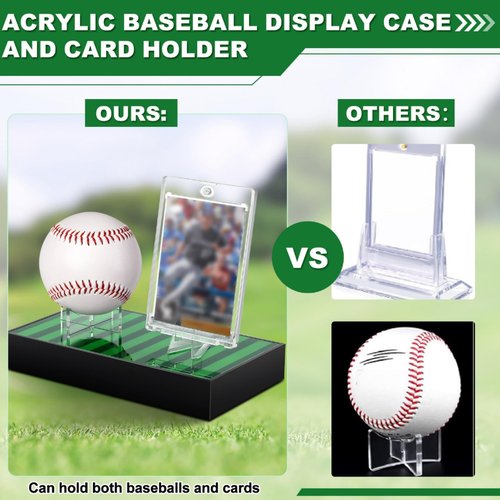 Reallnaive Acrylic Baseball and Card Display Case, Base Ball Holder, Green Lawn Base and Transparent Viewing Display Case Ball Protector for Memorabilia Showcase Autograph Gift