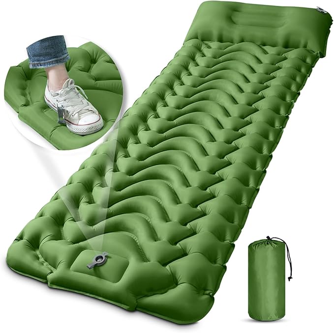 MEETPEAK Camping Sleeping Pad with Pillow, Upgraded 4 Inch Thickness Inflatable Foot Press Camping Mat, Durable Waterproof Lightweight Sleeping Air Mattress for Hiking Backpacking Traveling