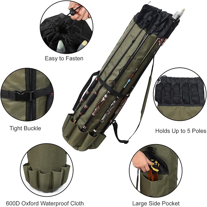 LEADALLWAY Portable Fishing Rod Case - Durable Folding Oxford Fabric Tackle Carry Bag - Multifunction, Large Capacity, Waterproof - Holds 5 Poles