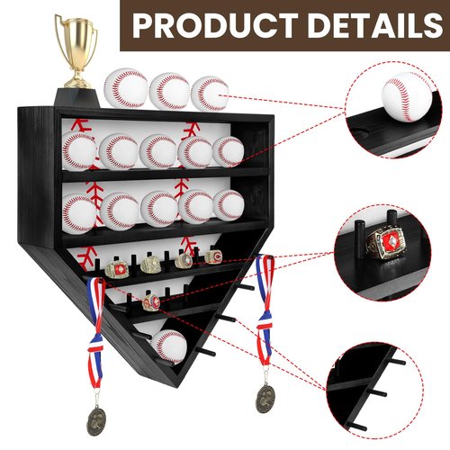 CroBlissful 19" Baseball Holder Display Case Wooden Baseball Ring Holder Championship Ring Trophy Display Shelf for Balls, Medals, Memorabilia(Black)