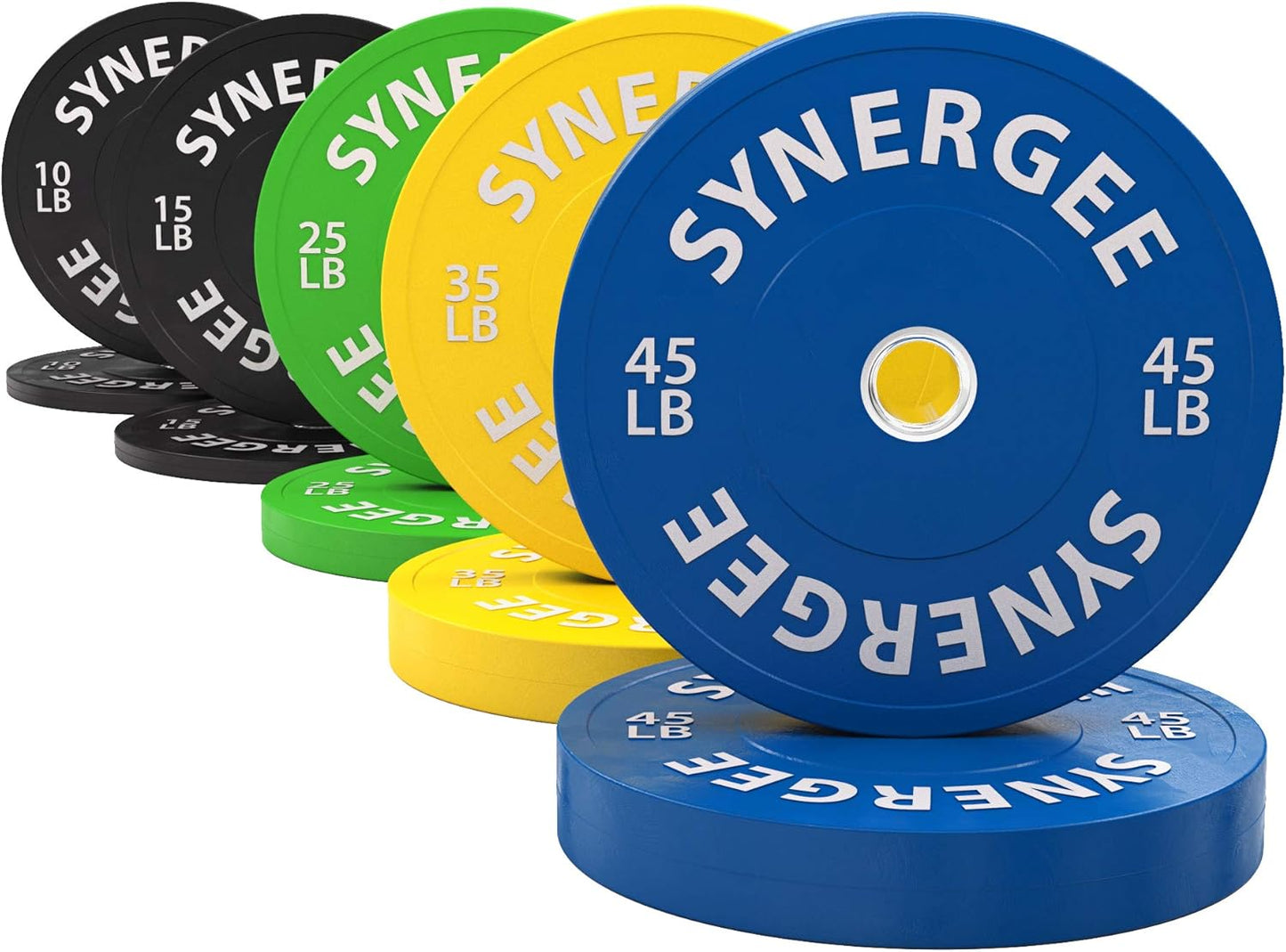 Synergee Bumper Plates – Durable Olympic Weight Plates, Low-Bounce Rubber for Strength Training, Powerlifting, and Functional Workouts.