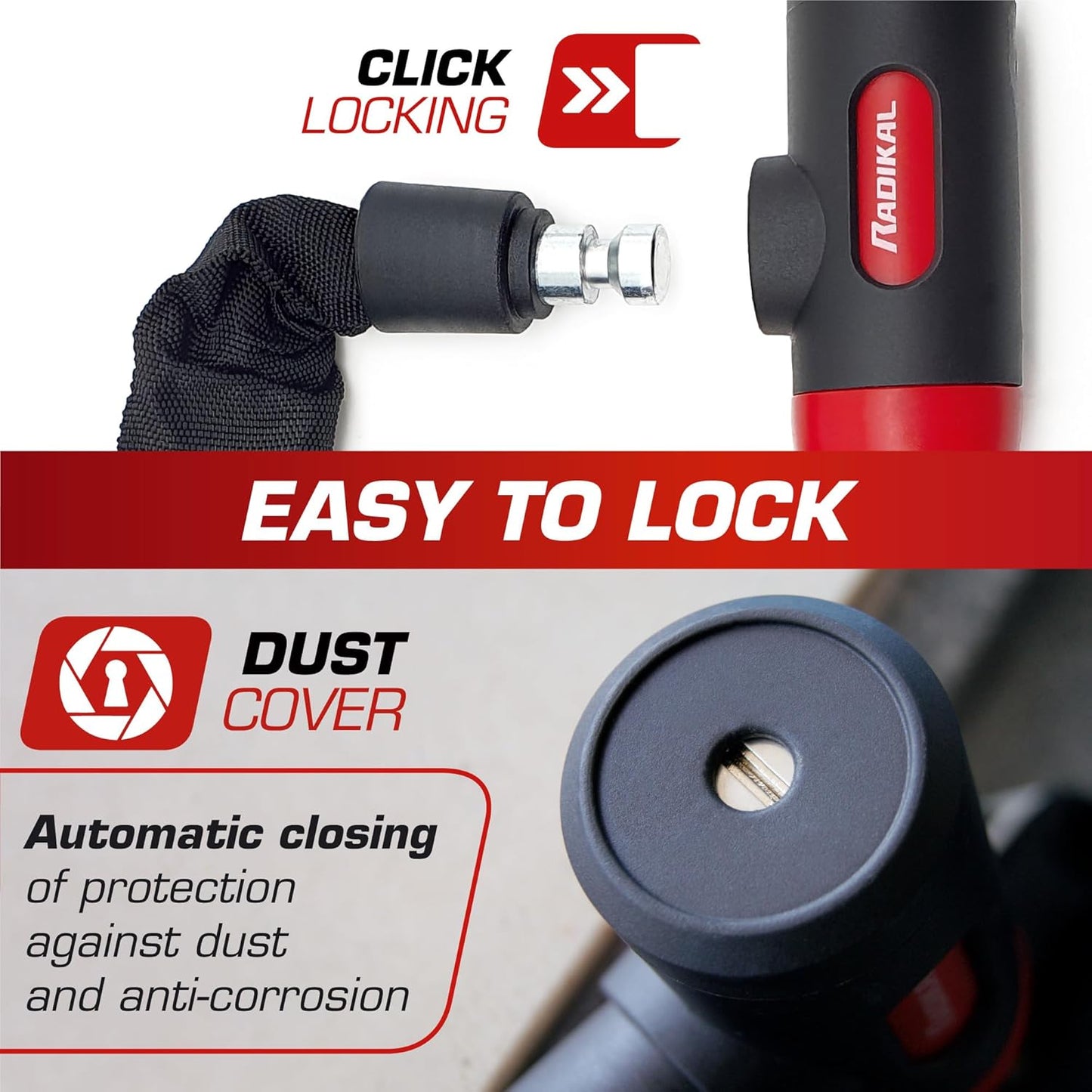 RADIKAL RKX170 Premium Bike Chain Lock, Hardened Steel ø8mm/0.31in Links with High Security Key Lock, More Extensive, Scratch-Resistant, Anti Theft for Bicycle, Scooter, Ebike, Gates, 170cm/5.5ft Long