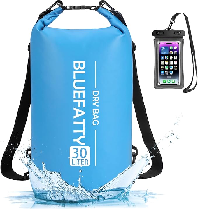 Waterproof Dry Bag Floating Roll Top Waterproof Backpack for Kayaking, Rafting, Boating, SUP, Fishing with IPX8 Waterproof Phone Case, Blue, 30L