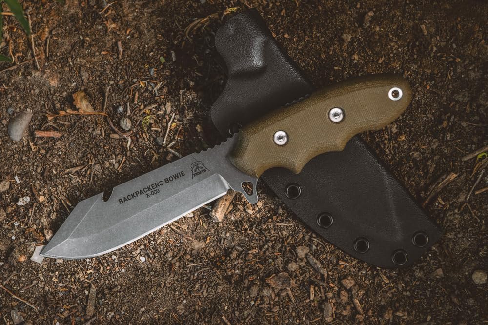 Tops Knives Backpackers Bowie Full Tang Fixed Blade- Tumble Finish-Black Kydex Sheath w/Rotating Spring Steel Clip (Green Canvas Micarta Handle)