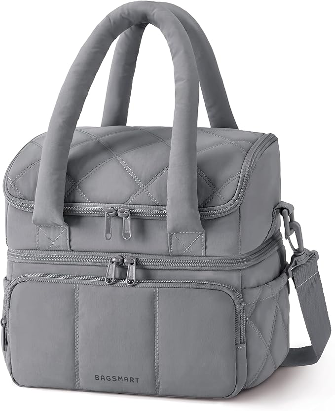 BAGSMART Lunch Bag Women, Double Deck Insulated Lunch Box, Quilted Puffer Lunch Tote, Leakproof, Durable & Reusable Large Lunch Cooler For Work Picnic Travel Meal Prep, Gray