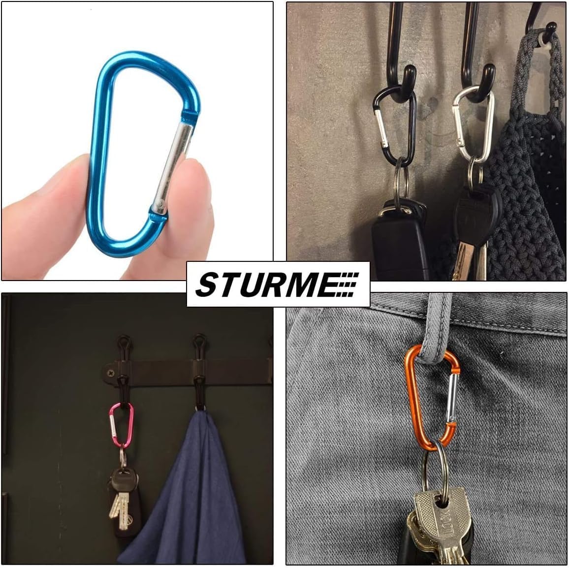 STURME 2" Aluminum D Ring Carabiners Clip D Shape Spring Loaded Gate Small Keychain Carabiner Clip Set Outdoor Camping Mini Lock Snap Hooks Spring Link Key Chain Durable Improved 24 PCS