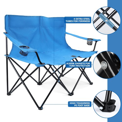 Leonyo Double Folding Camping Chair with Grey Table, Outdoor Portable Loveseat Lawn Chairs for Adults with Camping Table with Carrying Bag for Beach, Backyard