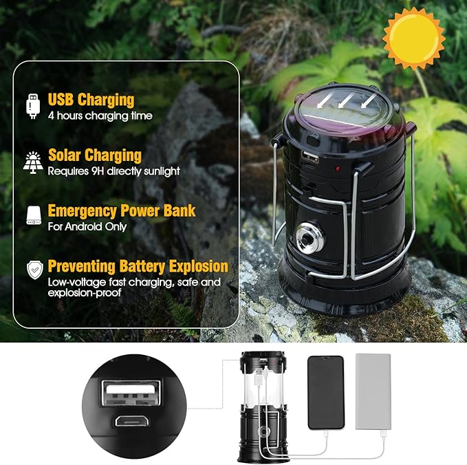 Solar Camping Lantern for Power Outages - USB Rechargeable Lamp Camping Essentials，Collapsible Portable Waterproof Solar Lights for Indoor Outdoor Emergency Light