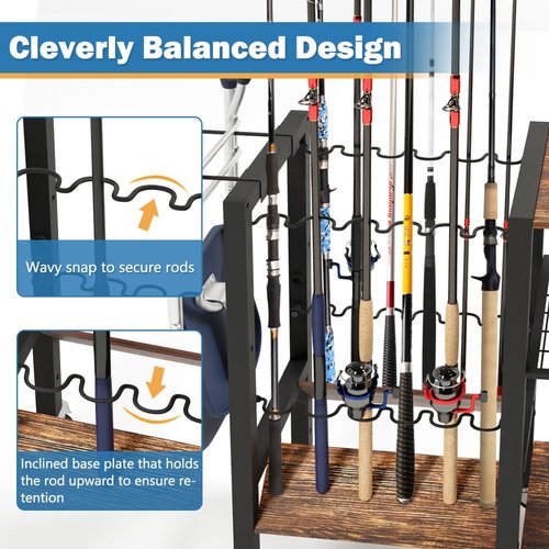 3-Tier Fishing Rod Holder, Garage Fishing Rod Rack, Fishing Rod Organizer for 12 Rods, Space Saving Fishing Pole Storage System for Garage Boat RV Basement, with Wheels Hooks and Storage Bag