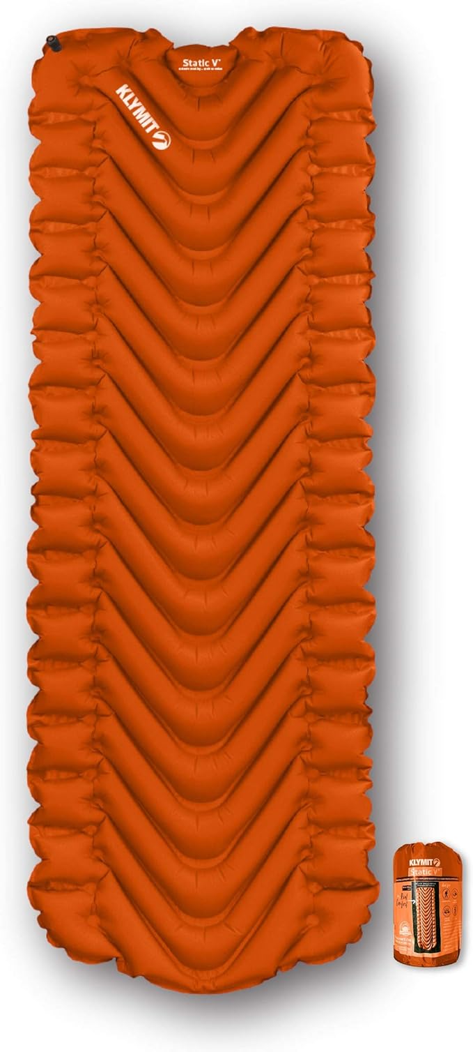 KLYMIT Static V Lightweight Inflatable Sleeping Pad | Comfortable, Lightweight, Easy to Inflate Portable Air Bed Mattress for Camping, Backpacking and Hiking — Orange