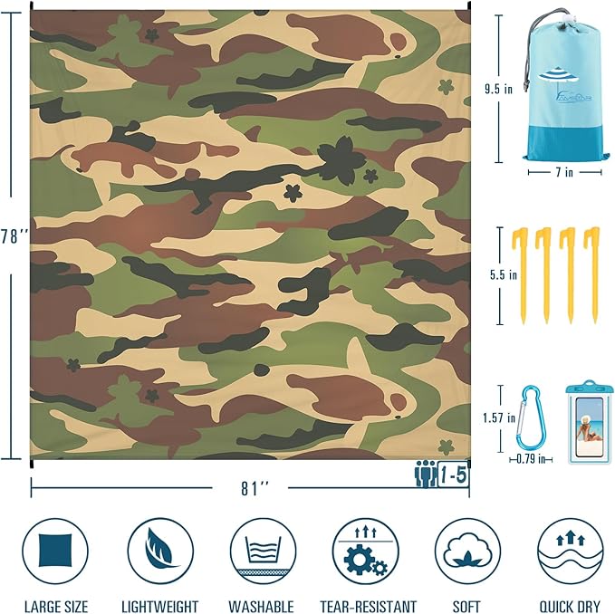 Beach Blanket Sandproof Waterproof 78''×81''1-5 Adults Oversized,Compact Lightweight Durable Beach Mat for Travel Camping Hiking Picnic Blanket