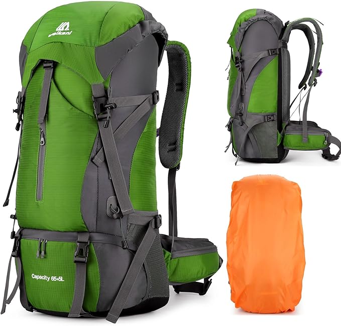 ShowyLive 70L Large Lightweight Waterproof Packable Foldable Travel Camping Hiking Outdoor Sports Backpack Daypack for Men Women, 900D Hiking Bag with Rain Cover, Grass Green