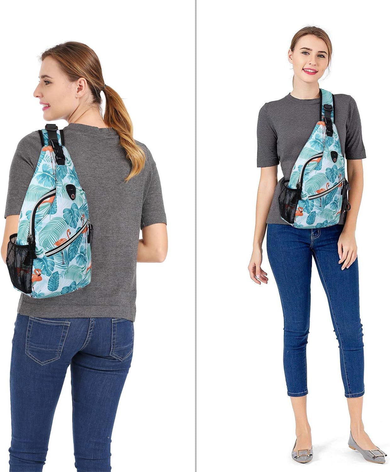 MOSISO Sling Backpack,Travel Hiking Daypack Pattern Rope Crossbody Shoulder Bag, Flamingo