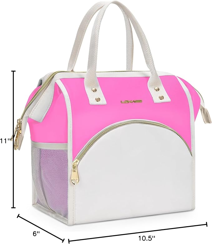 LOKASS Lunch Bag Women Insulated Lunch Box, Wide-Open Lunch Tote Bag Leak-proof Cooler Bag for Work Picnic-（Neon Pink）