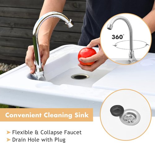 Goplus Folding Fish Cleaning Table with Sink and Spray Nozzle, Heavy Duty Fillet Table with Hose Hook Up and Faucet, Portable Outdoor Camping Sink Station for Dock Beach Patio Picnic