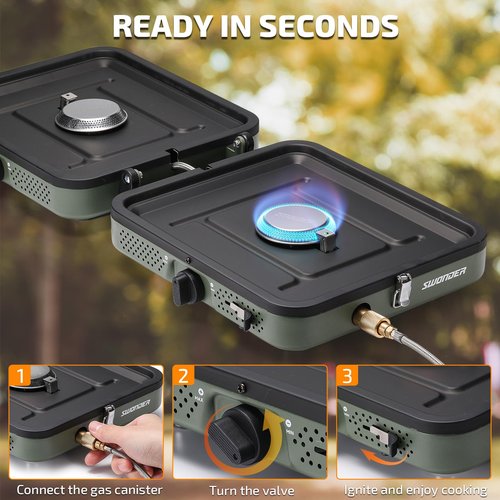 Swonder Portable 2-Burner Camping Stove with Windscreen - 17,500 BTU Propane Stove, Foldable Design, Adjustable Flame Control, Stainless Steel Construction, Includes Waterproof Carry Bag