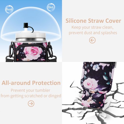 AceTreker 30/40 oz Stanley Cup Sling Bag with Strap & Phone Pocket, Neoprene Vacuum Insulated Travel Tumbler Holder with Straw Cover for Simple Modern with Handle-Black Flower