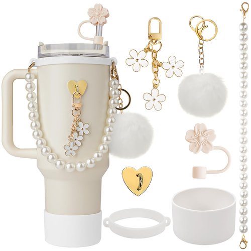 Seocam Compatible with White Stanley Cup Accessories 40 oz, 7pcs of Food-Grade Silicone Straw Cover, Pearls Chain, Bottle Boot, Rubber Cup Ring, Keychains, and Heart Hook, Unique Gifts For Women