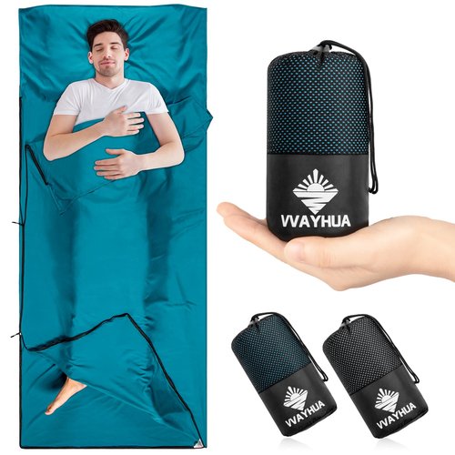 VVAYHUA Satin Sleeping Bag Liner, Ultralight Travel Sheets for Hotel & Self Tan Sleep Sack with Two Way Zippers, Silky Camping Sheets for Backpacking Hiking Business Trips (Blue)