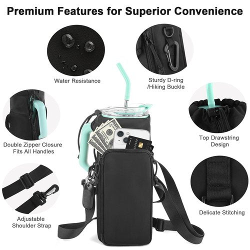 CONTAIL 2 in 1 Magnetic Water Bottle Carrier Bag for 30/40 oz Tumbler with Handle/no Handle,Bottle Pouch Holder with Adjustable Shoulder Strap,Multifunction Accessories Pocket&Carabiner