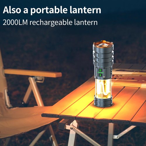 iodoo 2 in 1 Rechargeable Flashlight 5000mAh All Aluminum Body Camping Lantern True 5000 Lumens Outdoor Camping Light , Zoomable LED Flash Light with Electric Lantern Failure Emergency Survival Kits