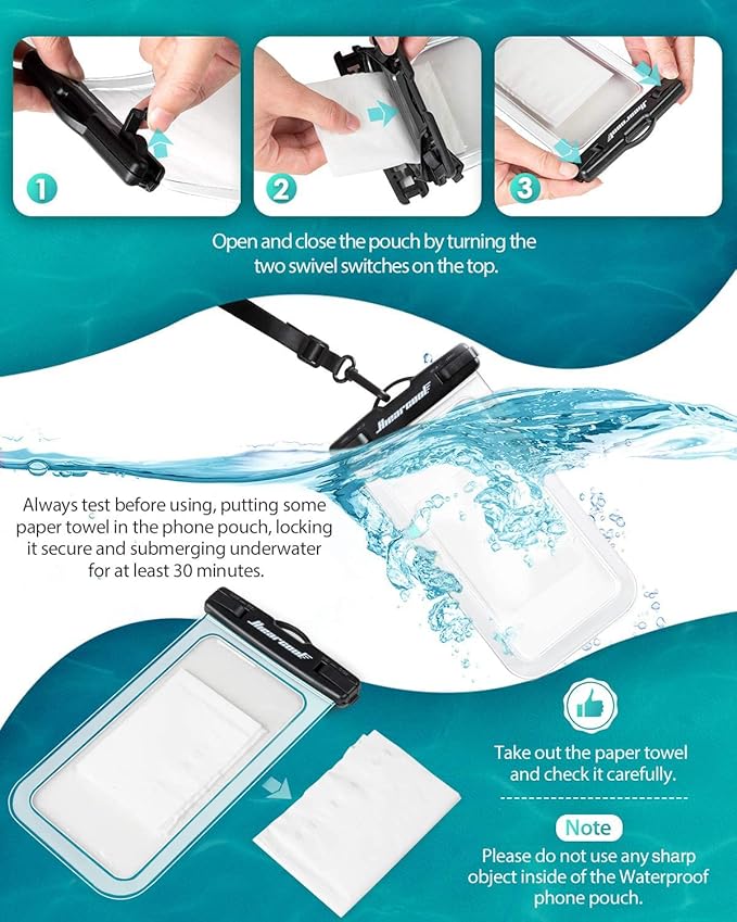 Hiearcool Waterproof Phone Pouch, Waterproof Phone Case, IPX8 Cellphone Dry Bag Compatible for iPhone 16 15 14 13 Pro Max Plus Cellphone Up to 8.3", Beach Essentials for Travel-Clear-4Pack