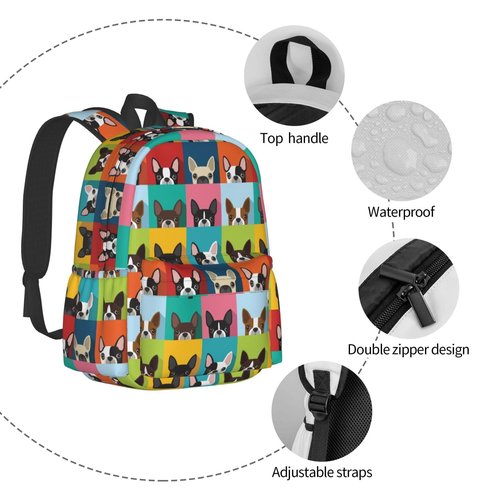 ACDRUING Cartoon Boston Terriers Bulldog Waterproof Backpack Adjustable Shoulder Straps Bag Large Capacity Casual Daypack Bookbag For Travel Work