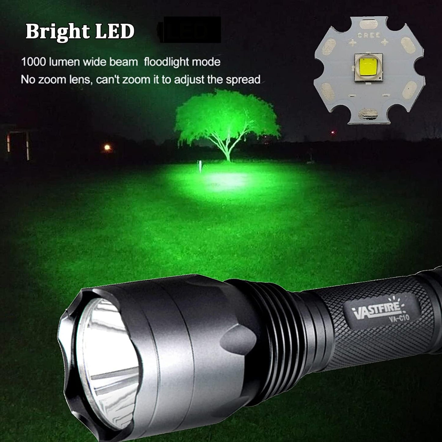 VASTFIRE 350 Yard LED Green Flashlight Kit - Hog Predator Long Range Night Hunting Light - Dual Pressure Switch - Barrel Scope Mounts (1 Rail, 1 Scope) - 2 Rechargeable Batteries