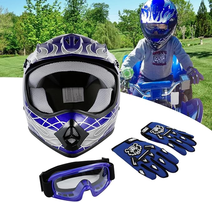TCT-MOTORPARTS DOT Youth Kids Motocross ATV Helmets Offroad Street Dirt Bike Go-Kart BMX MX Full Face Helmet Blue Skull Large Size
