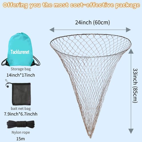 Tacklurenet Foldable Pier Fishing Net - Bridge and Drop Net for Big Fish With Dual-Line Reinforced Fiber, Bold Soft Steel Hoops, Black